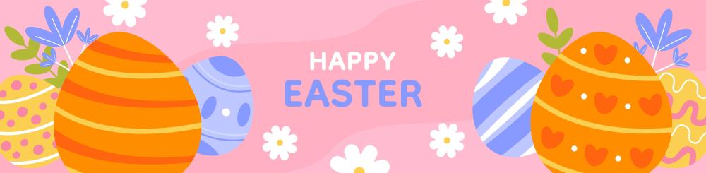 texte sur fond rose oeufs de paques orange et bleu